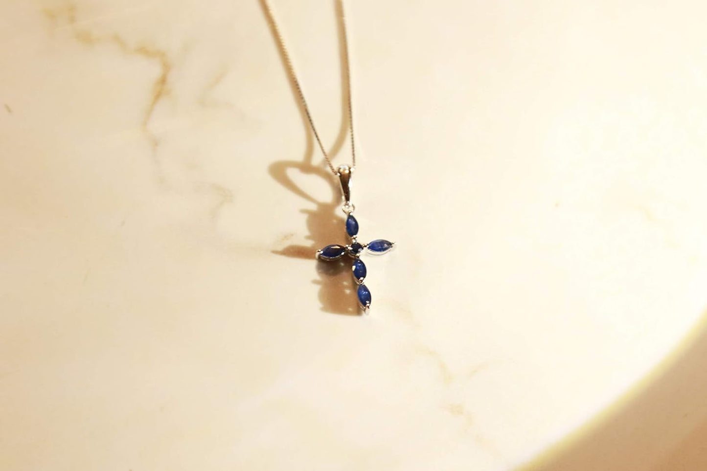10K White Gold Cross Pendant Genuine Blue Sapphire Diamond (I1,I2) Pendant for Women