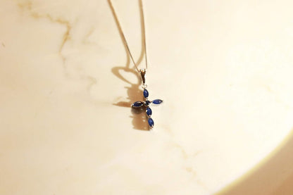 10K White Gold Cross Pendant Genuine Blue Sapphire Diamond (I1,I2) Pendant for Women
