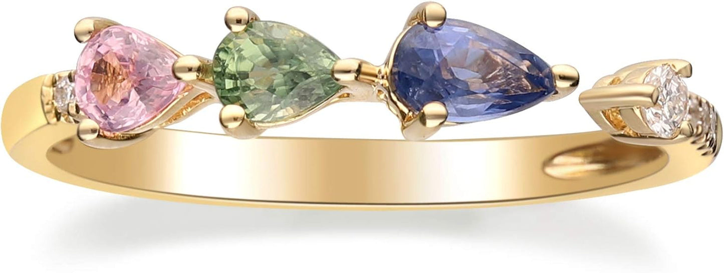 Gin and Grace 14K Yellow Gold Genuine Multi Sapphire Ring with Diamonds for Women | Ethically, Authentically & Organically Sourced (Pear-Cut) Shaped Sapphire Hand-Crafted Jewelry for Her | Sapphire Ring for Women