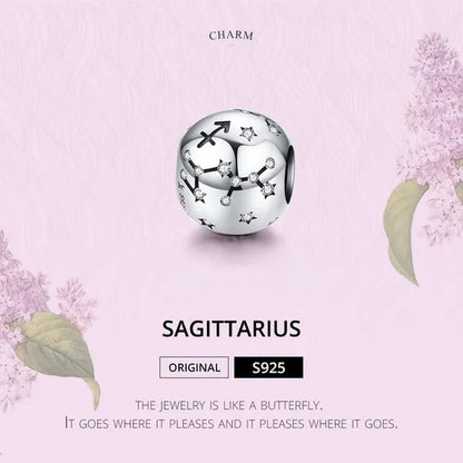 European Hot 12 Constellation Zodiac round 925 Sterling Silver Beads Charm for Women Bracelet Shining CZ Charm Fit Original Bangle Necklace DIY Jewelry Making