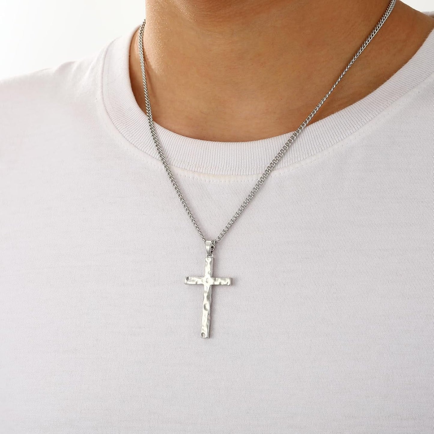 Cross Necklace for Men Boys - Hammered Cross Pendant with Cuban Chain Unique Crucifix Necklaces Christmas Christian Religious Jewelry Gifts 22+2 Inches