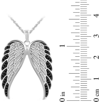 Sterling Silver Black and White Diamond Angel Wings Pendant Necklace (1/2 Cttw), 18" (Previously Amazon Collection)