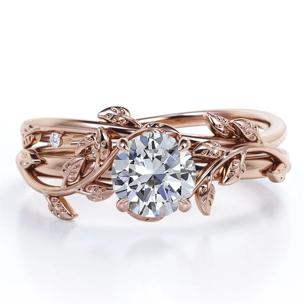 Half Carat round Real Diamond Bridal Set - Leaf and Vine Diamond Wedding Ring Set - 10K Rose Gold