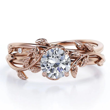 Half Carat round Real Diamond Bridal Set - Leaf and Vine Diamond Wedding Ring Set - 10K Rose Gold