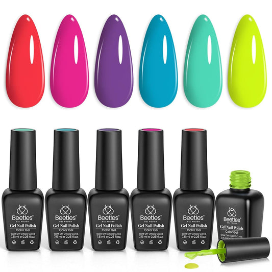 Beetles Gel Nail Polish Set 6 Colors Neon Green Gel Polish Manicure Kit Spring Summer Nail Art DIY Home Gifts for Women Girls Rainbow Nails