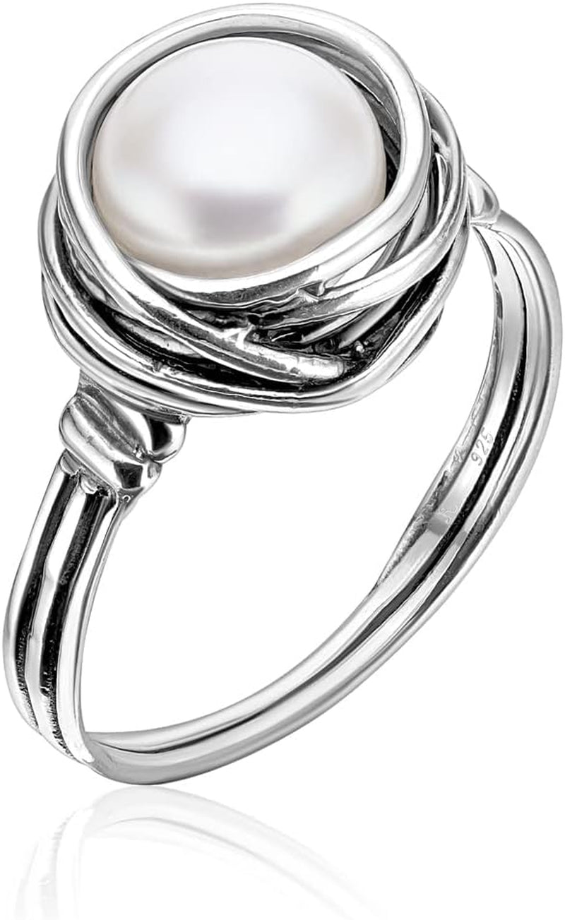 925 Sterling Silver Ring with Fresh Water Pearl Wire Wrap Vintage Design - Hypoallergenic, Nickel & Lead-Free - Artisan Handcrafted Statement Rings for Women - WORLD TIME VISITS