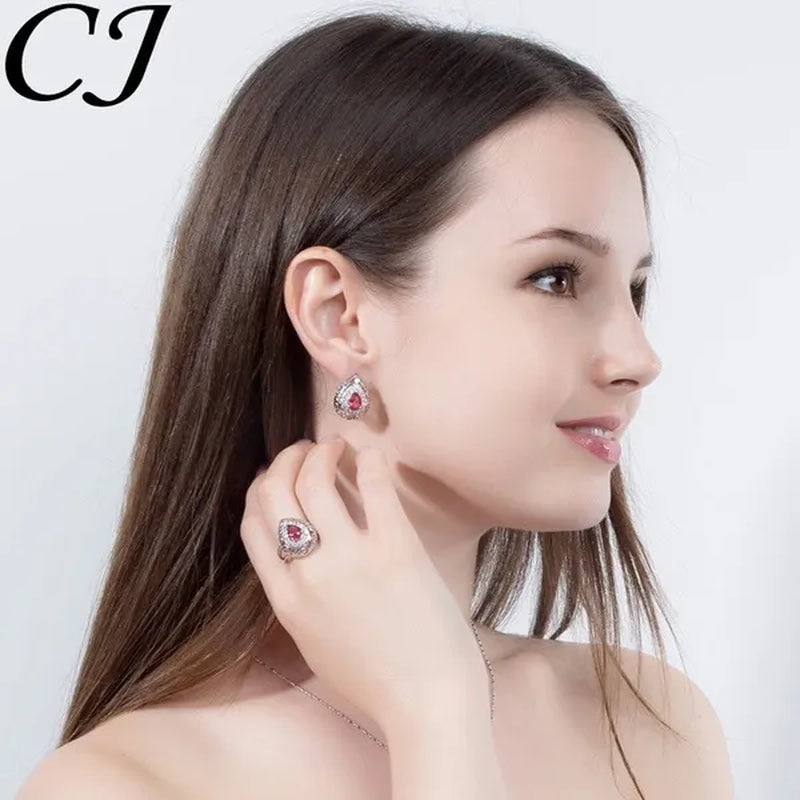 CANDICE Elegant Stamp Sterling Silver Plated Women Jewelry Set Pear Drop Red Cubic Zirconia Necklace Earring Ring 3pcs Sets