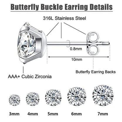 5 Pairs/Set Stainless Steel Mens Womens Stud Earrings Set round Cubic Zirconia Flat Back Earrings Piercing Ear Cartilage Hypoallergenic Men'S Earrings 3-7Mm