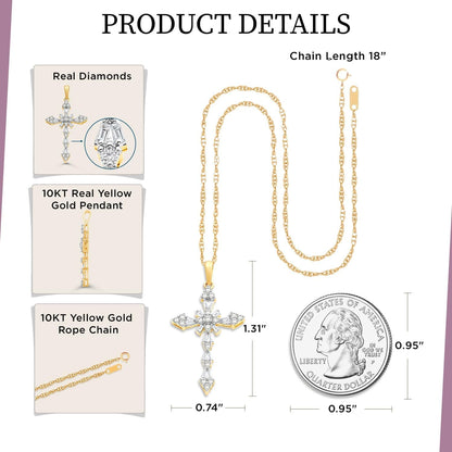 Cross Pendant Necklace in 10K White and Yellow Gold with 1/2 Cttw Natural White round and Baguette Diamonds 18" Rope Chain