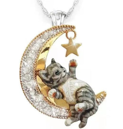 Cute cat necklace star moon diamond animal necklace wedding engagement anniversary princess jewelry gift
