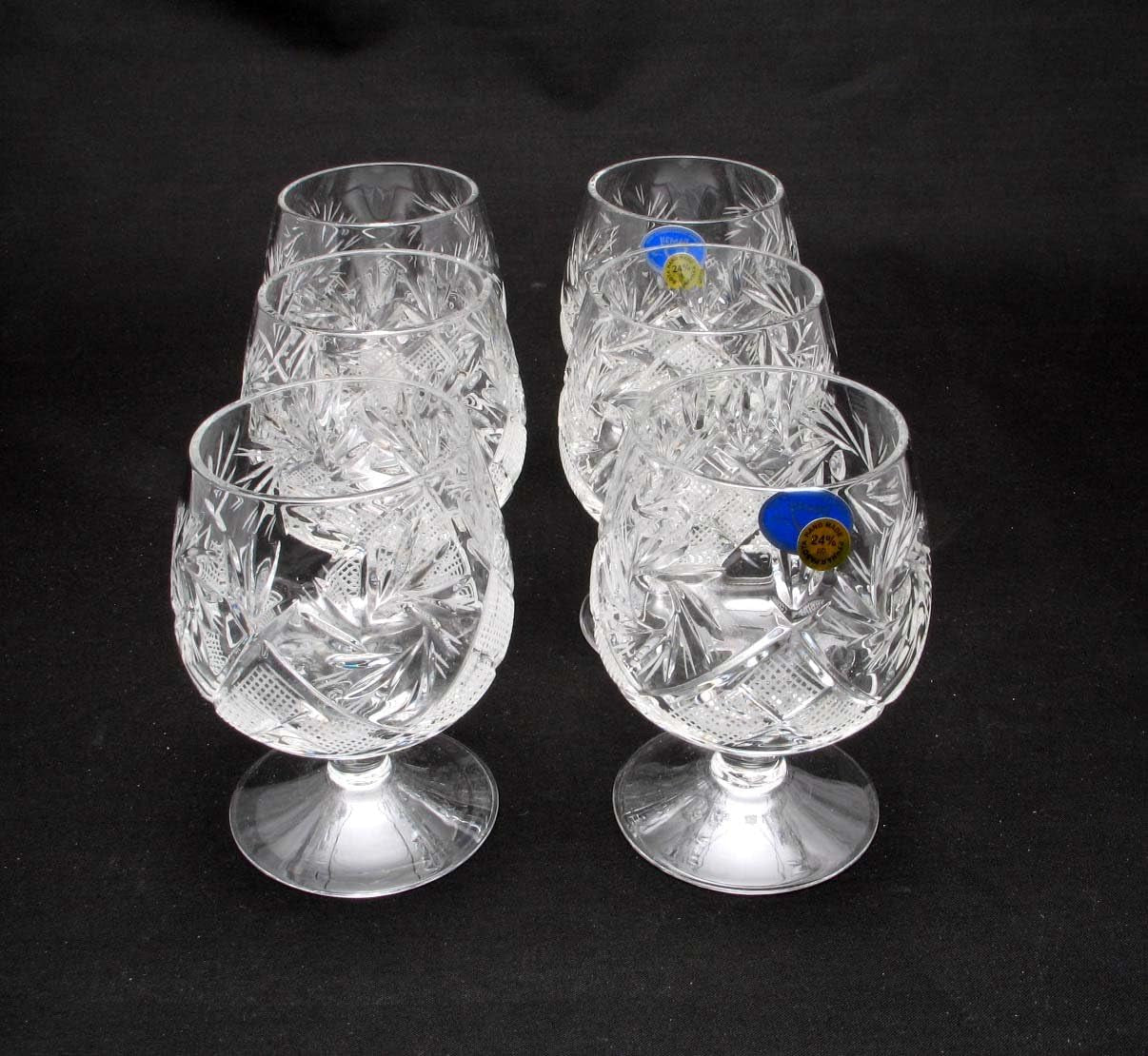 Set of 6 Russian Cut Crystal Cognac Brandy Whiskey Snifters Goblets, Handmade Glassware