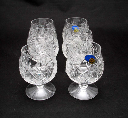 Set of 6 Russian Cut Crystal Cognac Brandy Whiskey Snifters Goblets, Handmade Glassware