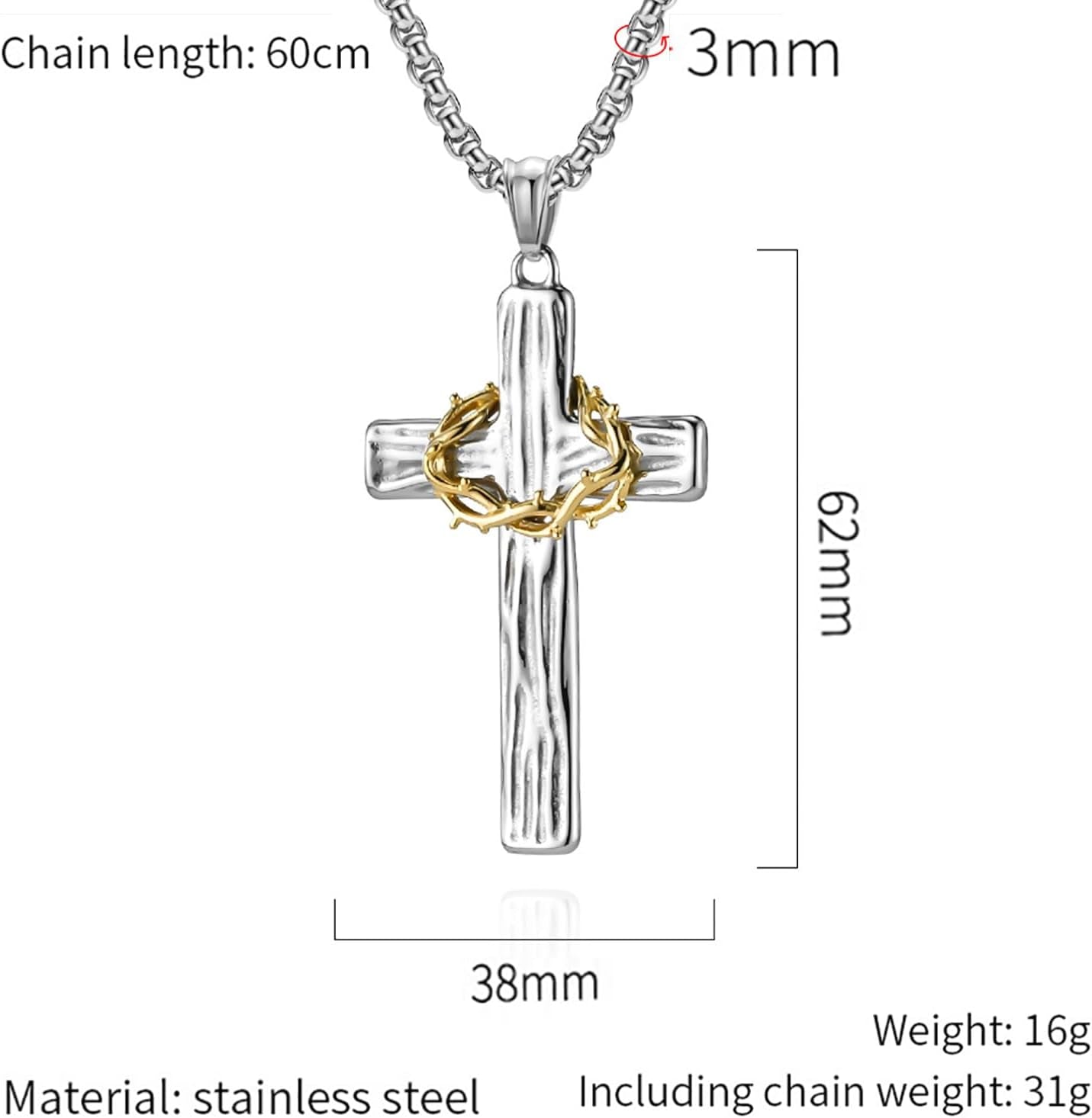 Cross Necklace for Men,Stainless Steel Black Silver Jesus Christ Crucifix Pendant Necklaces Meaningful Religious Jewelry，60Cm Rolo Chain