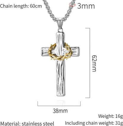 Cross Necklace for Men,Stainless Steel Black Silver Jesus Christ Crucifix Pendant Necklaces Meaningful Religious Jewelry，60Cm Rolo Chain