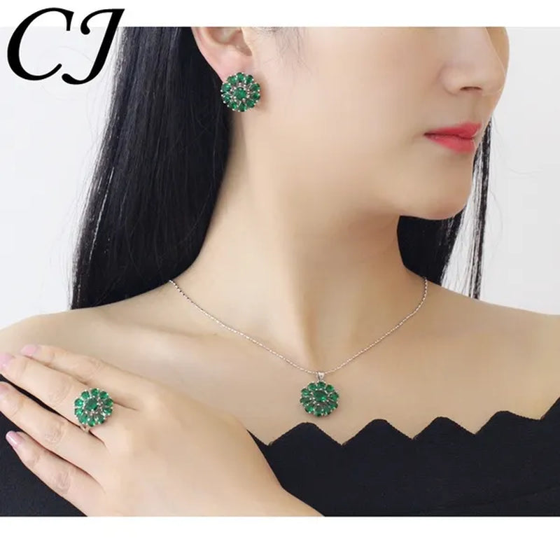 CANDICE Elegant Flower Jewelry Set Paved Green Stones Fashion Sterling Silver Plated Pendant Necklace Earrings Ring Sets - WORLD TIME VISITS