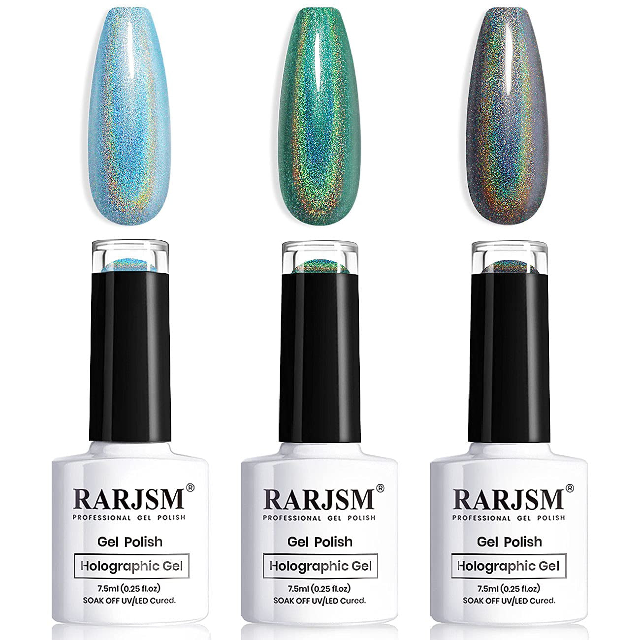 Holographic Gel Nail Polish Set 3PCS Green Blue Black Nail Polish Kit Non-Toxic Long Lasting Nail Gel Mermaid Glitter Gel Polish for Nail Art DIY Nail Set at Home