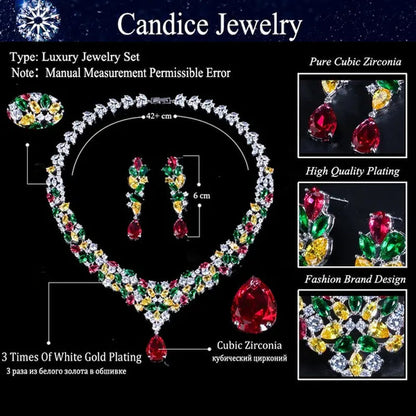 CANDICE Noble Red Crystal Water Drop Pendant Necklace and Dangle Earrings Pave Multi Shape Colorful CZ Stone Women Wedding Party Dress Jewelry Set - WORLD TIME VISITS