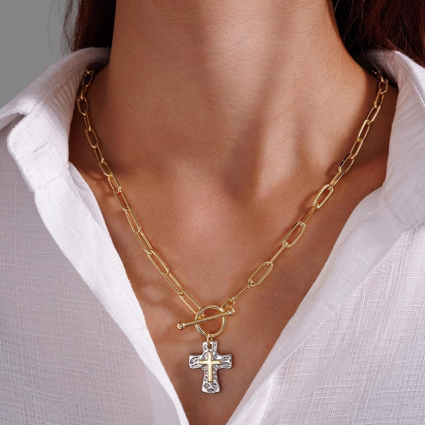 Chunky Cross Necklace for Women, 14K Gold/Silver Plated Statement Paperclip Chain Double Cross Pendant Necklaces Non Tarnish for Faith Religious Christian Jewelry Gifts