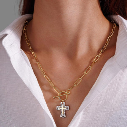Chunky Cross Necklace for Women, 14K Gold/Silver Plated Statement Paperclip Chain Double Cross Pendant Necklaces Non Tarnish for Faith Religious Christian Jewelry Gifts