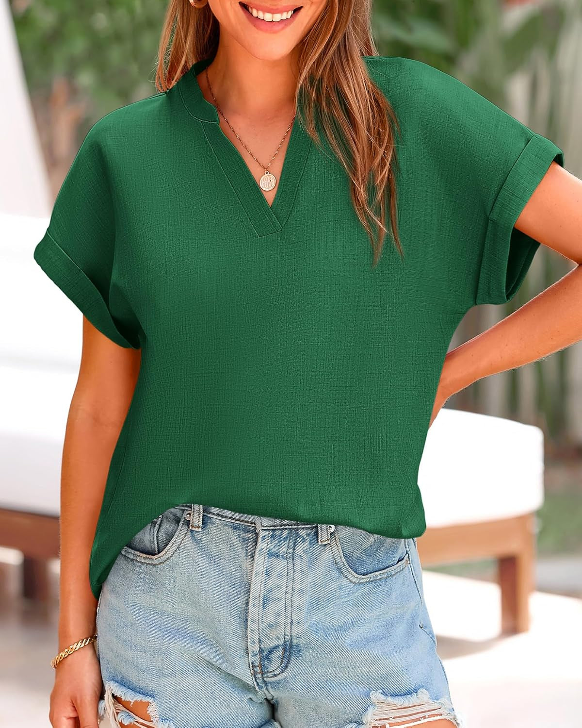 Womens Summer Tops 2025 V Neck Short Sleeve Tshirt Loose Flowy Tunics Solid Color Dressy Casual Blouse Shirts