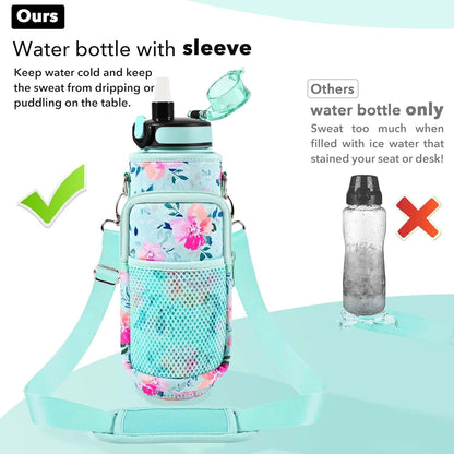 32 Oz Water Bottles with Straw & Strap, Motivational Water Bottles with Times to Drink, BPA Free Reusable Sports Water Bottle with Sleeve Carrier for Hiking, Travel, Running or Fitness
