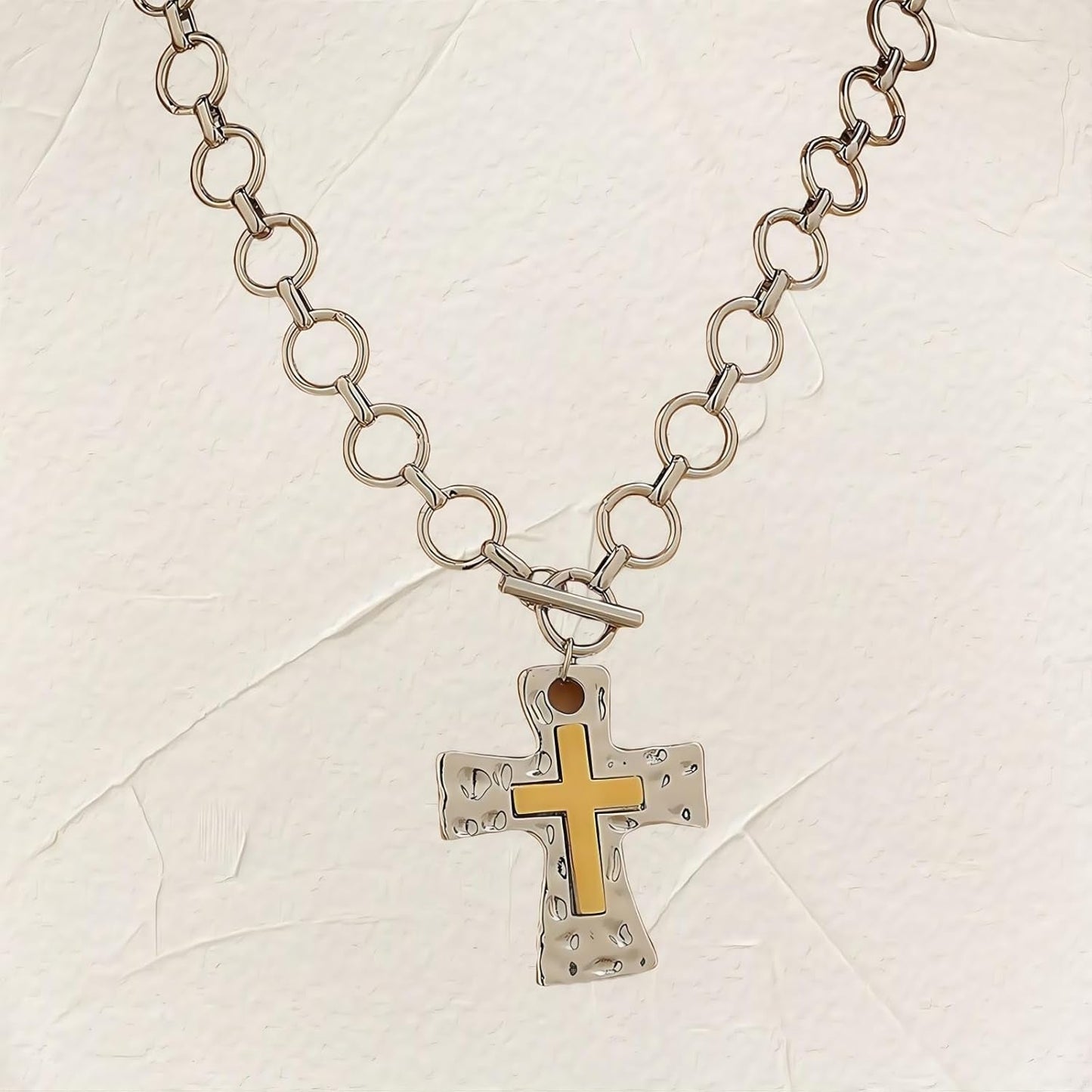 Gold Silver Chunky Cross Necklace for Women Men Layered Hammered Bold Vintage Toggle Clasp Religious Christian Statement Cross Pendant Choker Party Hallowmas Christmas Jewelry Gift