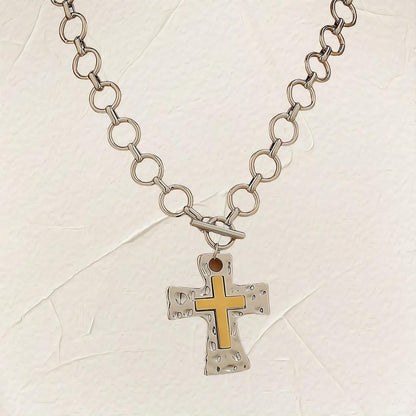 Gold Silver Chunky Cross Necklace for Women Men Layered Hammered Bold Vintage Toggle Clasp Religious Christian Statement Cross Pendant Choker Party Hallowmas Christmas Jewelry Gift