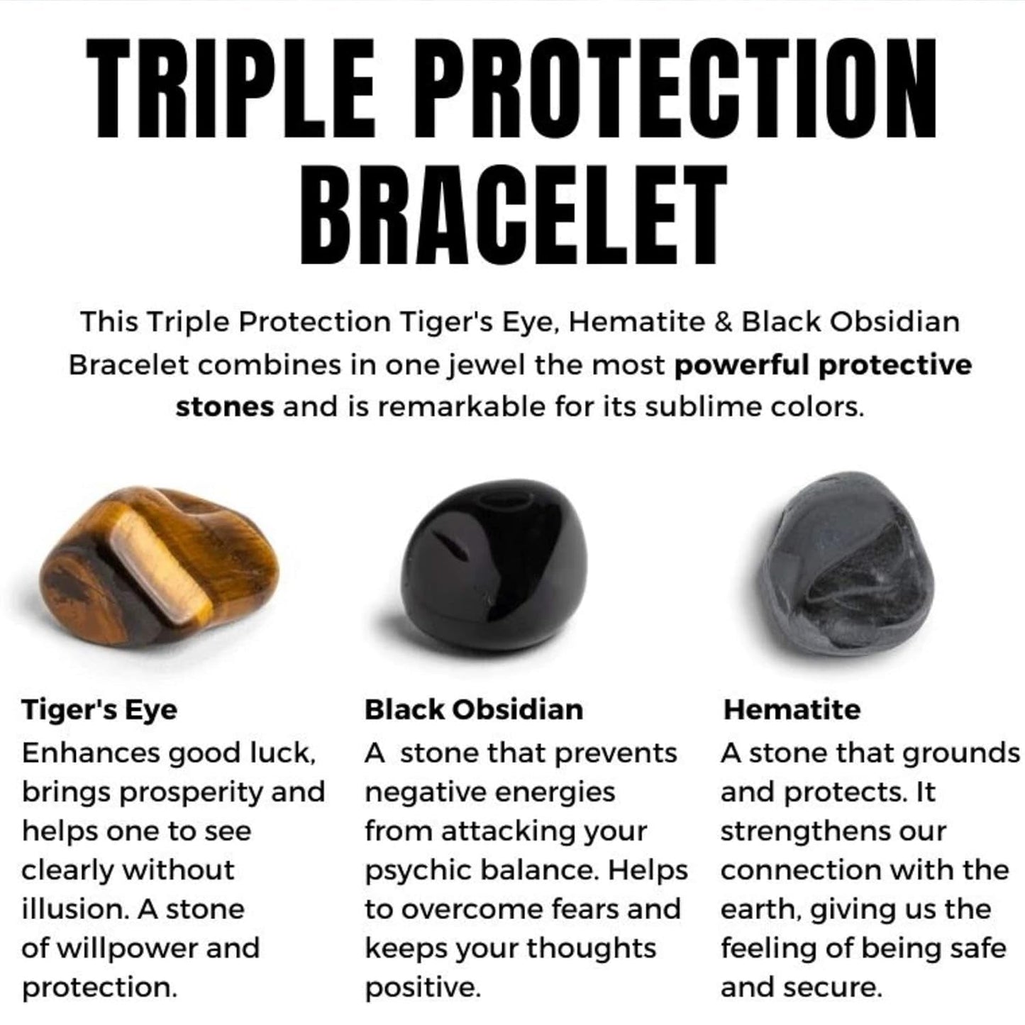 Triple Protection Bracelet - for Protection - Bring Luck and Prosperity - Hematite - Black Obsidian - Tiger Eye - Stone Bracelet