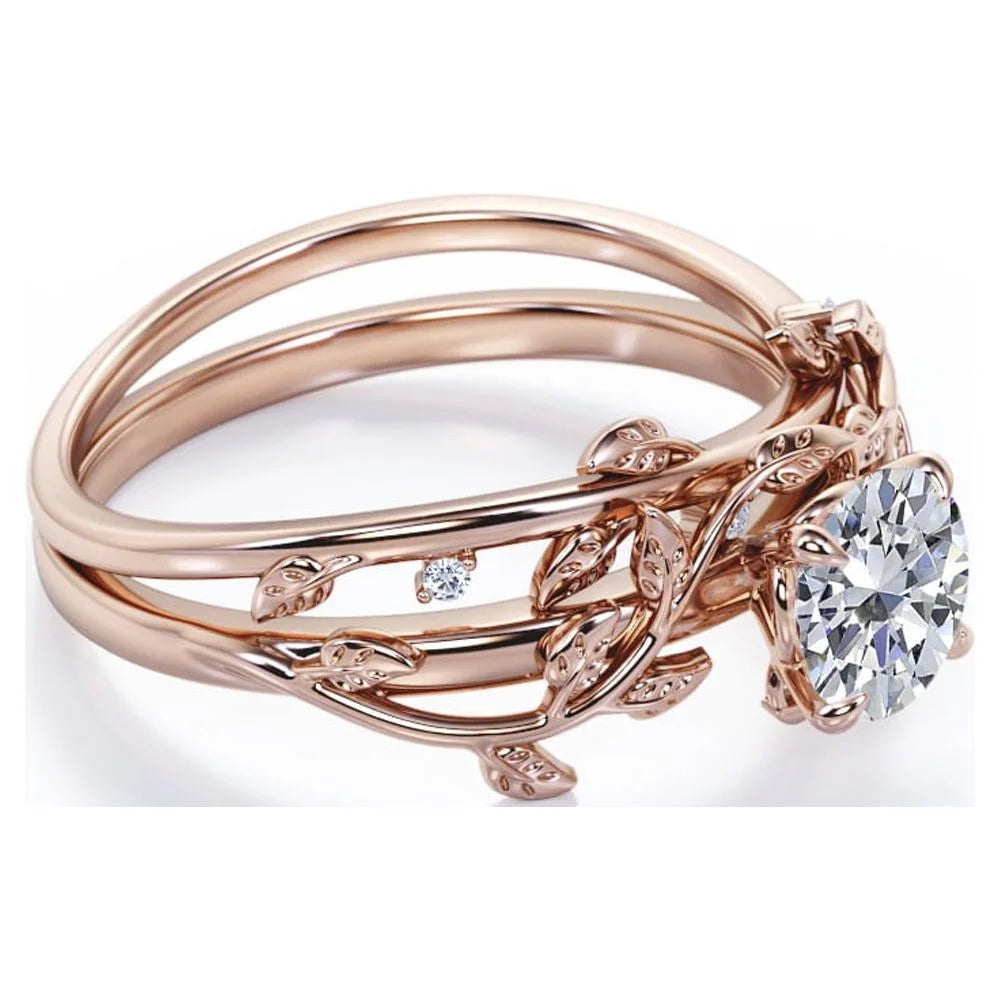 Half Carat round Real Diamond Bridal Set - Leaf and Vine Diamond Wedding Ring Set - 10K Rose Gold