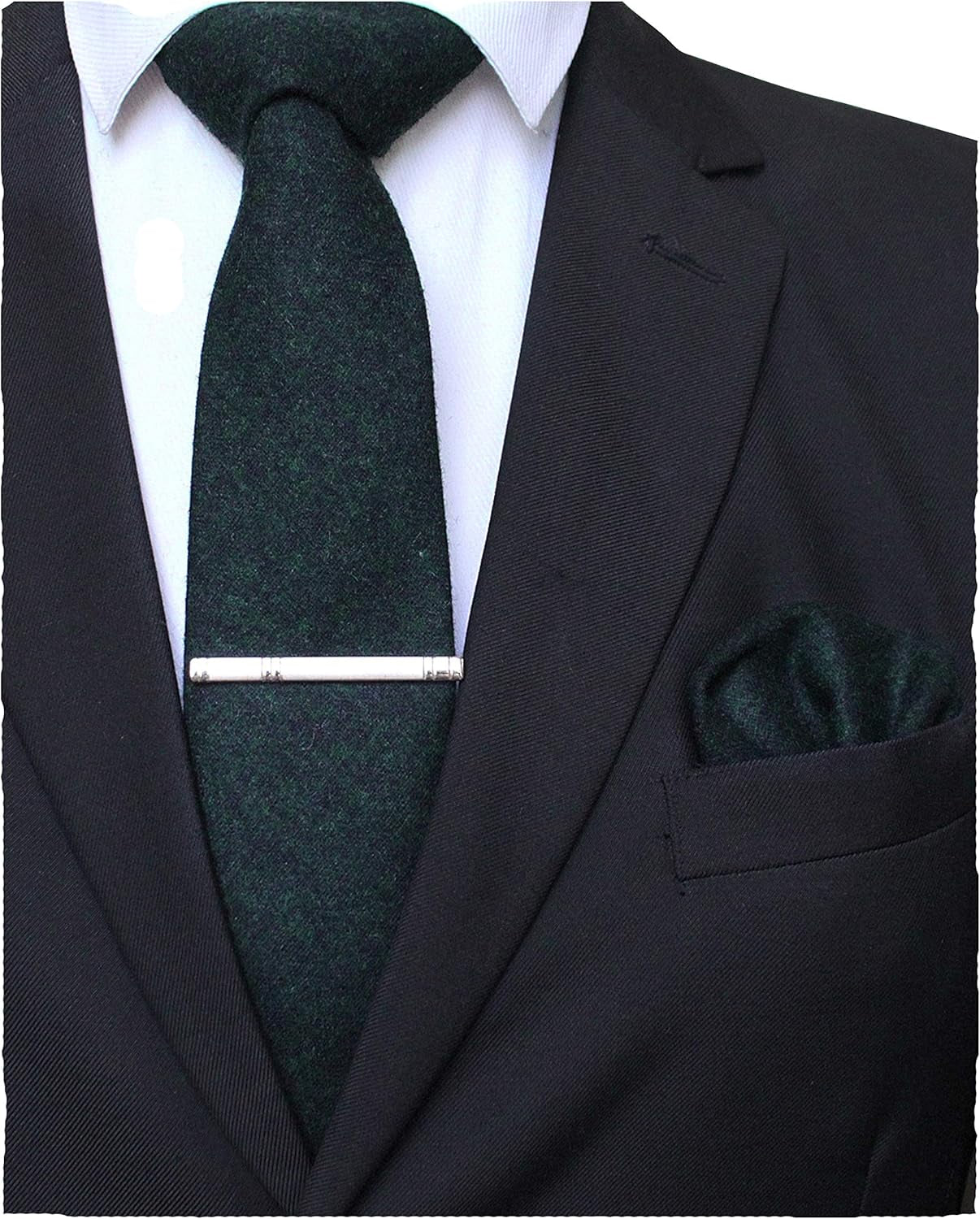 Solid Color Cashmere Wool Necktie and Pocket Square Tie Clip Sets for Men