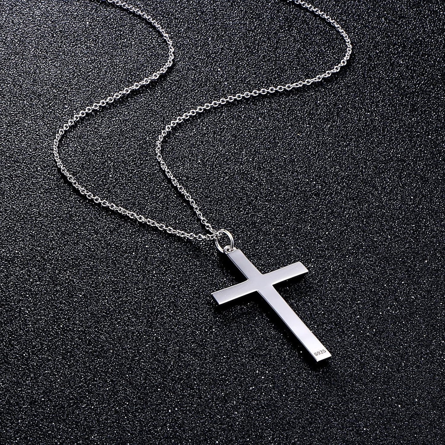 S925 Sterling Silver Large Cross Christian Faith Pendant Necklace 24 Inches Silver Chain Jewelry for Men Women