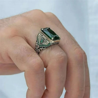 Ring Men's Retro Ethnic Texture Inlaid Large Grain Sapphire, Ruby, Black Gem, Emerald Ring, Domineering Fashion Jewelry Accessories, Father's Day Boyfriend Memorial Day Gift, Party Business Casual Jewelry