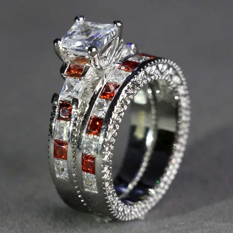 Two Rings Couple Ring His Hers Three-Stone Ring White Gold Plated Ruby CZ Womens Ring Sets Wood Tungsten Steel Men'S Ring