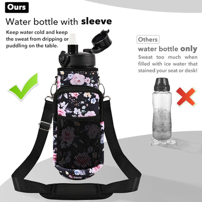 32 Oz Water Bottles with Straw & Strap, Motivational Water Bottles with Times to Drink, BPA Free Reusable Sports Water Bottle with Sleeve Carrier for Hiking, Travel, Running or Fitness