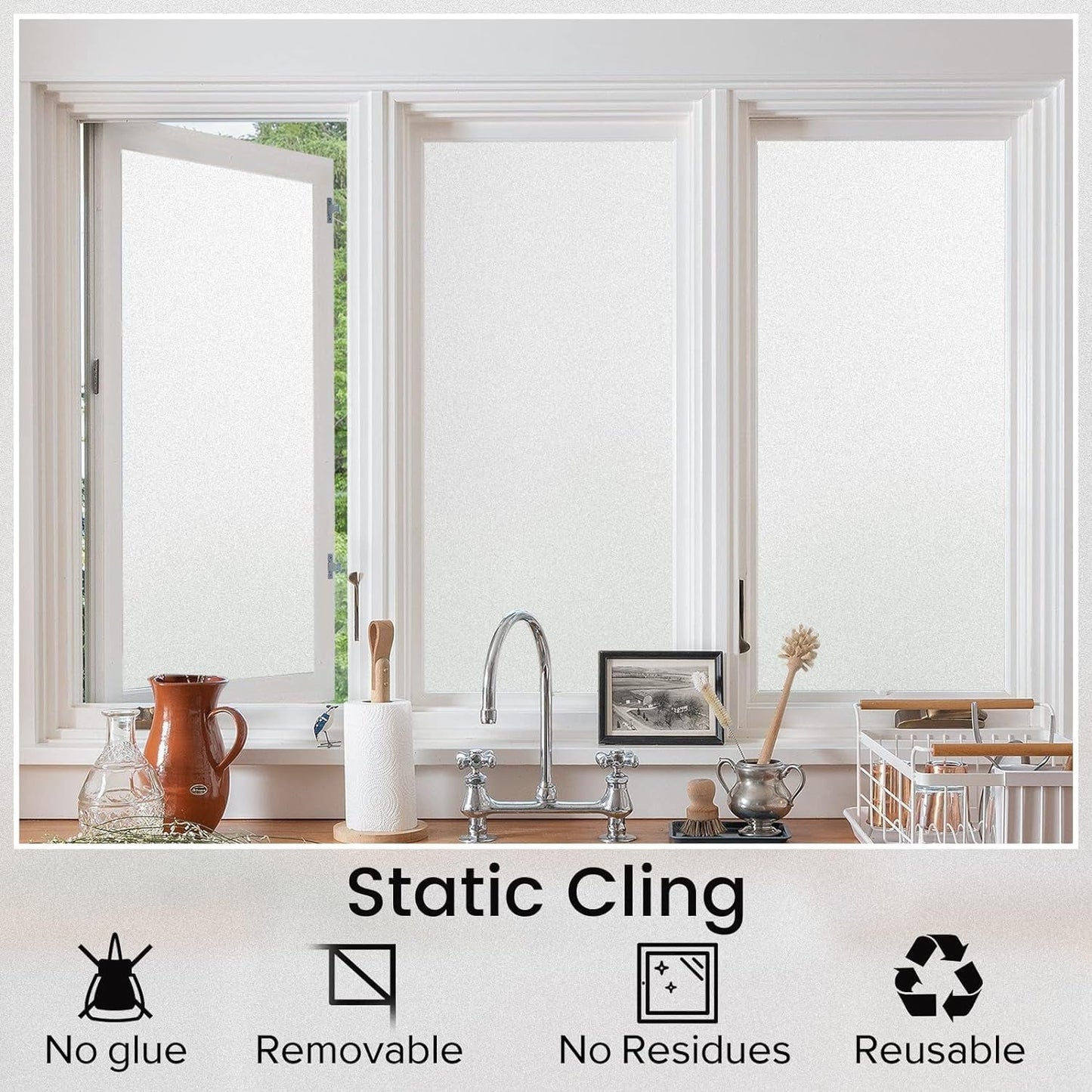 Window Privacy Film, Non-Adhesive Frosted Glass Window Film for Bathroom, Static Cling Heat Blocking Stickers for Home Indoor Opaque Frosting Coverings House Tint, Matte White 17.5" X 78.7" - WORLD TIME VISITS
