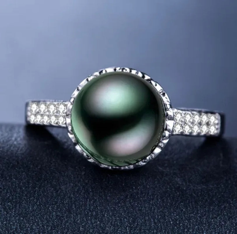 Silver Black Pearl & White Topaz Engagement Ring Jewelry