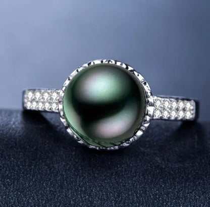 Silver Black Pearl & White Topaz Engagement Ring Jewelry