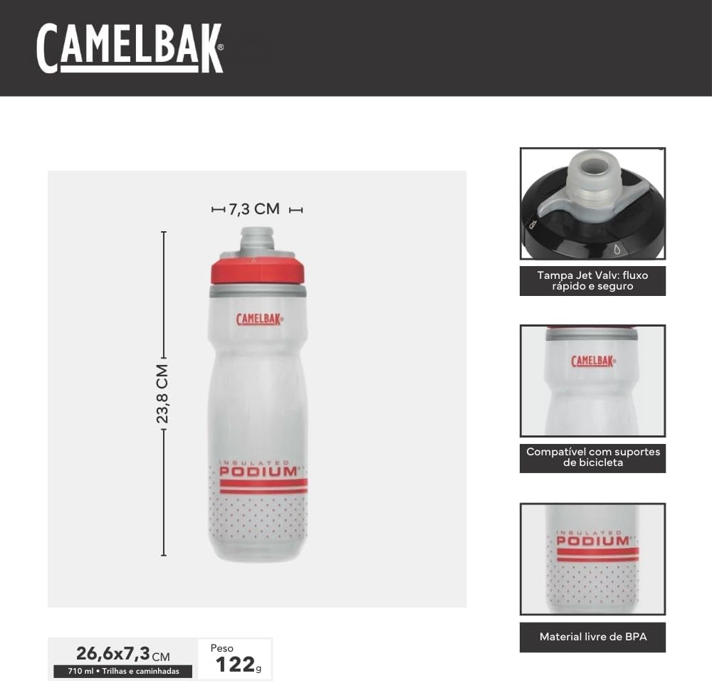 Podium Chill Insulated Bike Water Bottle - Easy Squeeze Bottle - Fits Most Bike Cages - 24Oz, Fiery Red/White