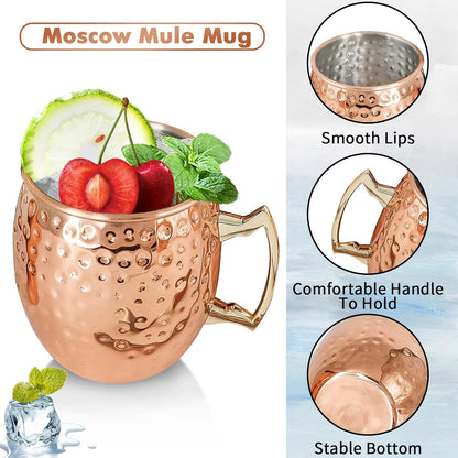 Moscow Mule Mugs Copper Mule Cup Kit 18Oz Set of 4 with Handle Large Copper Hammered Plating Cups with 0.5Oz Double Jigger, Stainless Steel Straws, Spoon for Cold Drinks Cocktails Wine