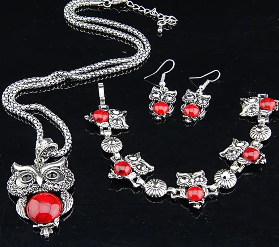 2015 New Charms Owl Natural Black Stone Antique Silver P Earrings Necklace Bracelet Vintage Womens Jewelry Set 1093