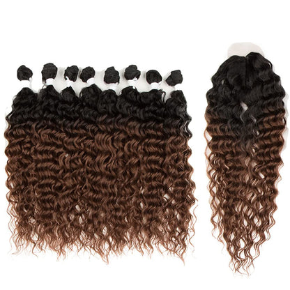 Water Wave 8 Bundles with Simple Closure Wavy Synthetic High Temperature Fiber Hair Weave 9PCS 20 Inch 240G (TT1B/30: Dark Roots Mixed Brown Color)