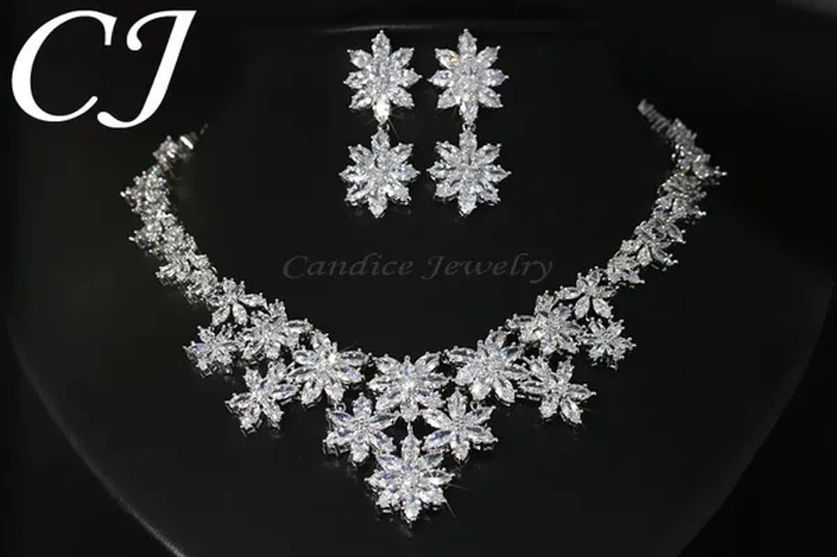 CANDICE Platinum Plated Marquise CZ Stone Wedding Necklace and Earring Bridal Jewelry Sets
