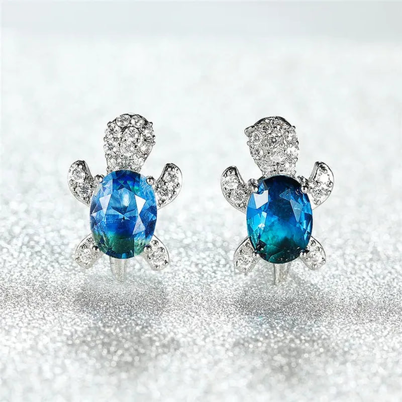 Ladies Cute Fashion Animal Turtle Silver Plated Sea Blue Sapphire Diamond Stud Earrings Girl Children Birthday Jewelry Gifts