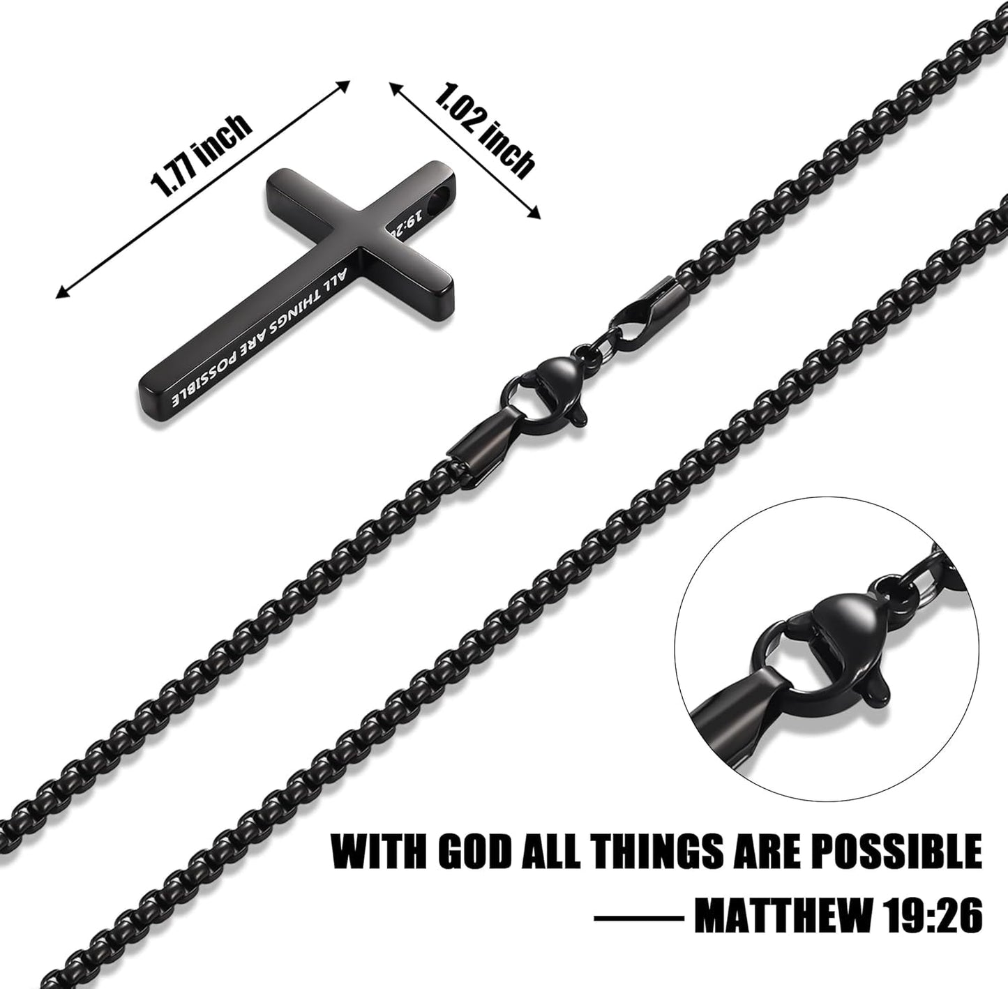Cross Necklace for Men, Inspirational Bible Verse Cross Chain for Men, Stainless Steel Box Necklace, Religious Christian Jewelry Gift