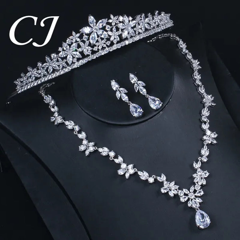CANDICE Luxurious Classy White Gold Plating Bridal Crown Tiara Necklace Earrings Sets Pave Water Drop Cubic Zirconia Wedding Jewelry Set for Brides - WORLD TIME VISITS