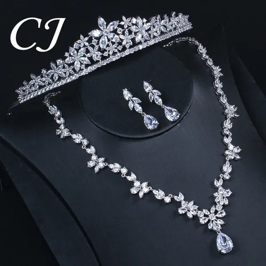 CANDICE Luxurious Classy White Gold Plating Bridal Crown Tiara Necklace Earrings Sets Pave Water Drop Cubic Zirconia Wedding Jewelry Set for Brides - WORLD TIME VISITS