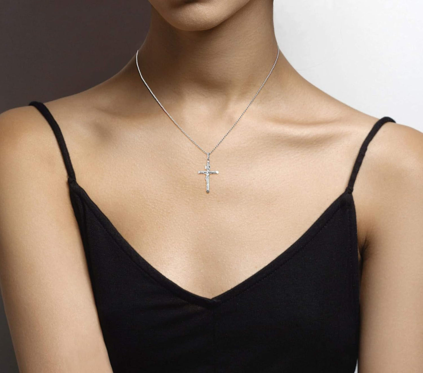 Rhodium Plated 925 Sterling Silver Small or Large Crucifix Necklace for Men Women, Cross Pendant with Rope Chain, Made in Italy