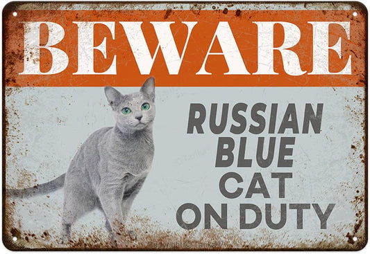 Beware Russian Blue Cat on Duty Iron Poster Painting Tin Sign Vintage Wall Decor for Cafe Bar Pub Home Beer Decoration Crafts