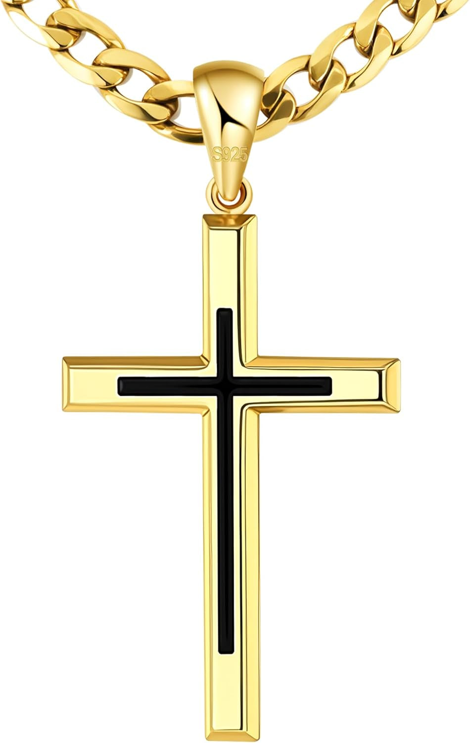 925 Sterling Silver Cross Necklace for Men Women，Black Cross Necklaces with 4.5MM Durable Stainless Steel Cuban Link Curb Chain，18K Gold over Real Silver Cross Pendant Necklace 16-28 Inches - WORLD TIME VISITS