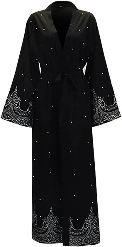 Women Muslim Dress Middle East Arabian Robe Islamic Abaya Long Sleeve Rhinestones Embroidered Cardigan Dress